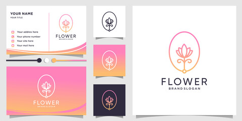 Flower logo with beauty gradient line art style and business card design Premium Vector