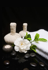 Fototapeta na wymiar beautiful spa concept of t white gardenia flower and green leaf and towel, candle, herbal ball on pile of black zen stones 