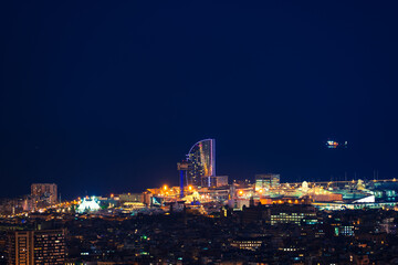 Aerial view of Barcelona city centre at night. Spain