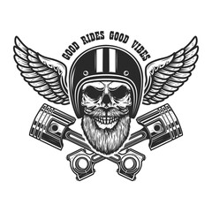 Bearded skull in racer helmet with wings and crossed pistons. Design element for logo, label, sign, emblem, poster, t shirt. Vector illustration