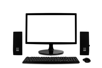 Lcd Monitor computer with a keyboard, mouse, desktop speaker, Isolated on white background.