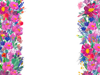 Hand-painted floral border. Wildrlowers on white background