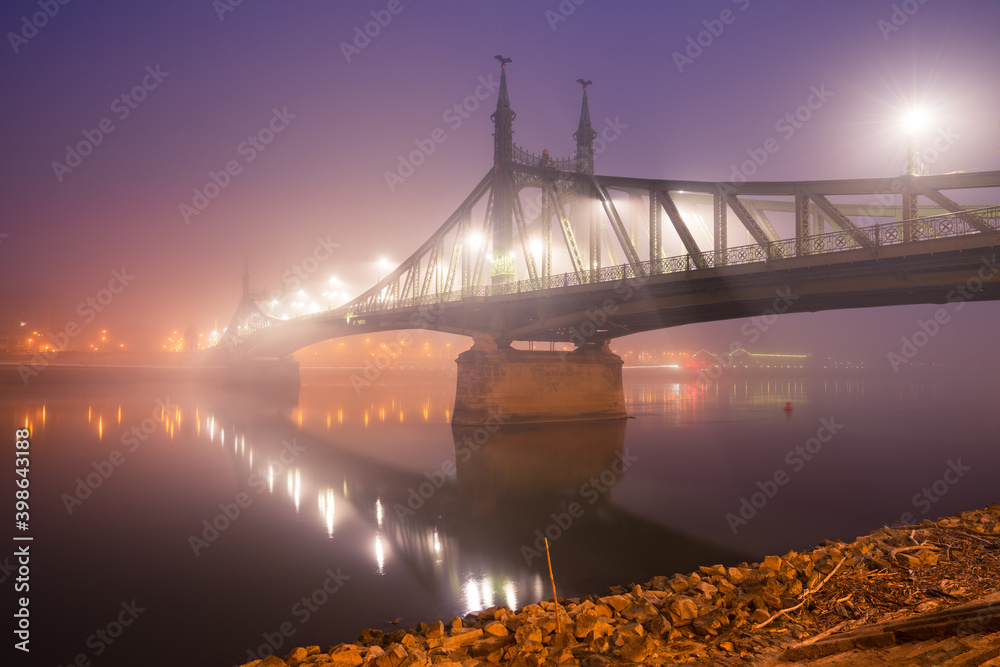 Sticker liberty bridge with morning mist in budapest. hungary