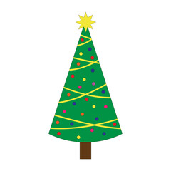 Green Christmas fir tree decorated with colorful balls isolated on white background.