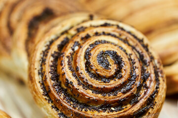 Spiral shaped poppy seed bun close up