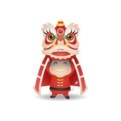 Cute ox performing lion dance attraction for Lunar new year 2021. Chinese style vector isolated on white