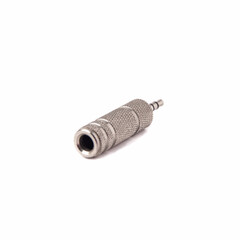 Metal audio Jack to mini Jack adapter, isolated on white background. Close up