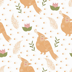 Cute vector seamless pattern. Colorful Botanical floral elements and a yellow bird on a white background.Texture for wrapping paper, textiles