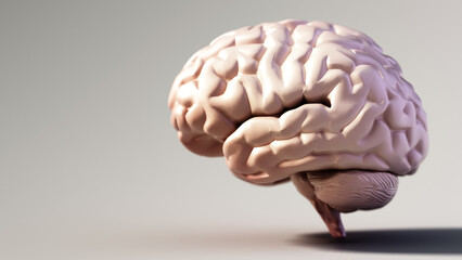 Human brain standing on soft color background. Copy space on the left. 3D illustration