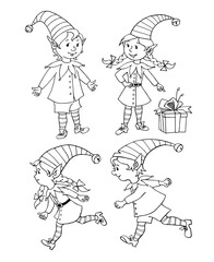 Cute little Christmas Elves girl and boy. Vector hand drawn black outline Cartoon characters. Simple illustration for New year and xmas design, greeting cards, calendars, prints, coloring book