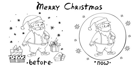 Santa Claus before and now the COVID-19 coronavirus. Merry Christmas and happy New year in quarantine, pandemic. Skeptical Pandemic Greeting Card, Black Humor Concept