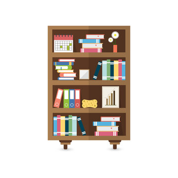 Book shelf with books. Book case furniture. Vector illustration.