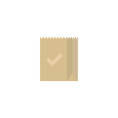 brown empty grocery paper bag with ok tick. flat icon isolated on white.