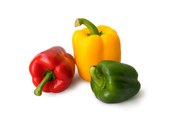 Peppers fresh three sweet red, yellow, green isolated on white background