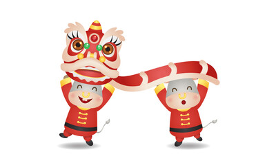 Two cute ox performing lion dance together for Lunar new year 2021. Chinese style vector isolated on white.