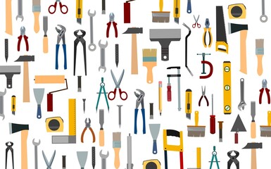 Fototapeta na wymiar Construction tools. Background. For work as a painter, carpenter, builder, handyman. Repair and construction services. Sale of tools. Hammer, pliers, saw, scissors, brushes.
