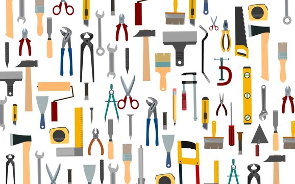 Construction tools. Background. For work as a painter, carpenter, builder, handyman. Repair and construction services. Sale of tools. Hammer, pliers, saw, scissors, brushes.