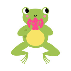 Funny Green Frog with Protruding Eyes Holding Waterlily Flower Vector Illustration