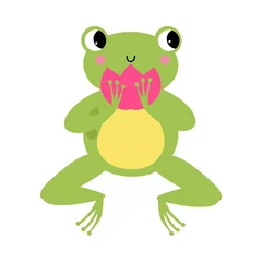 Fotobehang Funny Green Frog with Protruding Eyes Holding Waterlily Flower Vector Illustration © topvectors
