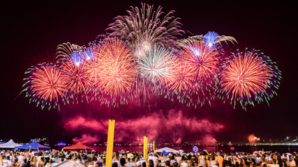 NITERÓI, RIO DE JANEIRO, BRAZIL: Photos of the arrival of the New Year (Réveillon). Event with party, shows and fireworks. People flock to see the light and colors of pyrotechnic explosions on a beach