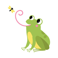 Green Frog with Protruding Eyes Catching Fly with Its Long Tongue Vector Illustration