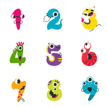 Funny Monsters Numbers Set, Cute Fantasy Colorful Creatures in the Shape of Numerals, Mathematics, Learning Material for Kids Cartoon Style Vector Illustration