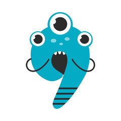 Number Nine Cute Monster, Funny Fantasy Creature Character, 9 Numeral, Mathematics, Learning Material for Kids Cartoon Style Vector Illustration