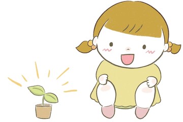 植物の芽が出て喜ぶ女の子