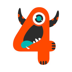 Number Four Cute Monster, Funny Fantasy Alien Character, Mathematics Symbol, Learning Material for Kids Cartoon Style Vector Illustration
