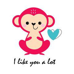 Cute Pink Monkey and Love Heart as Valentine Day Celebration Vector Illustration