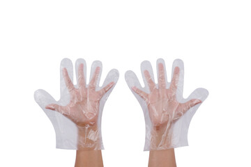Women hand wearing plastic gloves, Multipurpose disposable gloves, Sanitary food contact gloves isolated on white background. The concept is Smart way to protect hands. Top view