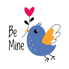 Little Bird Holding Heart Branch in Its Beak as Valentine Day Celebration Vector Illustration