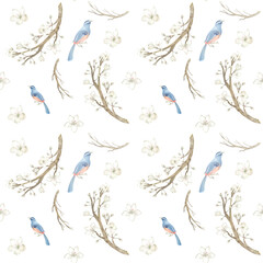 Beautiful romantic watercolor pattern with flowering branches and blue bird. Perfect for polygraphic, textile, web design, scrap paper, souvenir products and other creative ideas.
