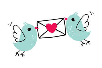 Little Birds Carrying Envelope with Love Letter as Valentine Day Celebration Vector Illustration