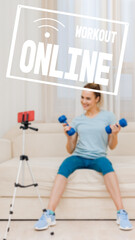 Young female fitness trainer with dumbbells recording video blog, work as a trainer from home online remote, image with text workout online and oriented for use on a smartphone.