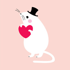 Little Mouse in Top Hat Holding Heart Shape as Valentine Day Celebration Vector Illustration