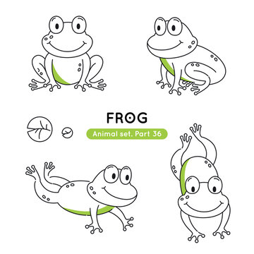 Set of doodle frogs in different poses. Collection of outline characters isolated.