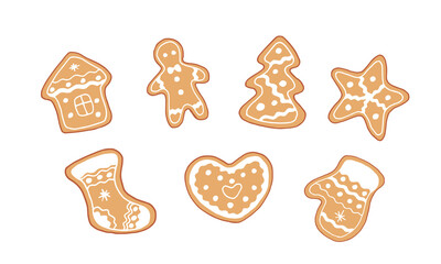 Gingerbread cookie set isolated on white background hand drawing. Vector stock illustration.