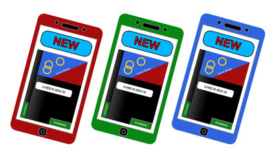 Drei nach rechts geneigte Smartphones in den RGB Farben rot, grün und blau vor weißem Hintergrund