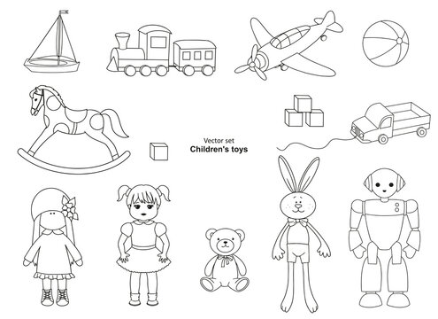 Linear drawing. Collection of children's toys: helicopter, plane, truck, train, Teddy bear, rabbit, dolls, wooden horse. Vector
