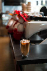 iced coffee latte on christmas holidays display background 
