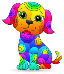 Illustration in stained glass style of a cartoon rainbow dog, isolated on a white background