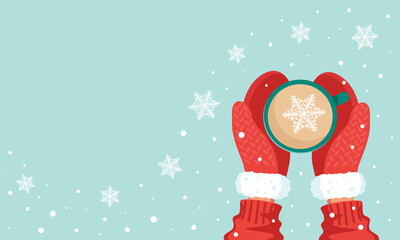 Cup with a hot drink and hands in red mittens top view, snowflakes. The concept of winter New Year and Christmas comfort. Vector stock illustration with copy space.