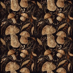 Luxurious pattern of mushrooms and leaves on a dark background.