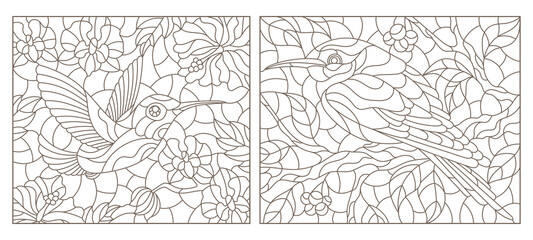 Set of contour illustrations of stained glass Windows with Hummingbird birds and flowers, dark outlines on a white background, rectangular images