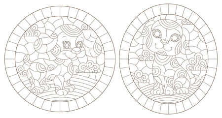 Set of outline illustrations in the style of stained glass with abstract dogs , dark outlines on white background, oval images