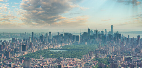 Amazing aerial view of Manhattan skyline from helicopter, New York City