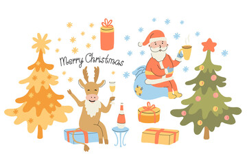 Christmas set with christmas trees, gift boxes, snowflakes, cute Santa and a cheerful deer drinking champagne. Vector  hand drawn lettering and illustration isolated on white. Flat cartoon style.