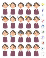 シニアの女性の20種類の表情と上半身
