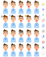 カジュアルなシャツを着て社員証を付けたビジネスマンの20種類の表情と上半身
